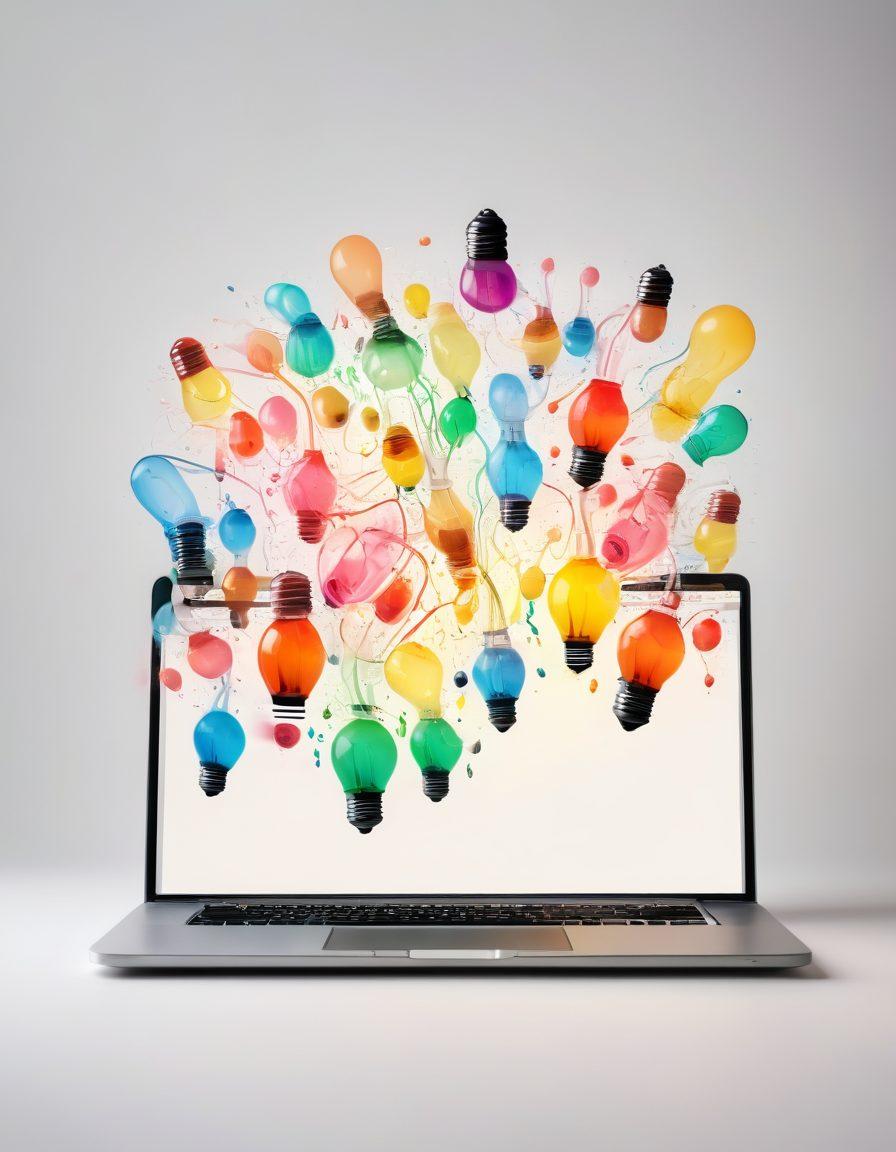 A vibrant flow of colorful lightbulbs representing diverse ideas transforming into impactful blog posts, cascading down onto a laptop. Each lightbulb features keywords like 'creativity,' 'strategy,' and 'engagement,' against a backdrop of an inspiring workspace filled with notebooks and coffee. The overall feel is dynamic and motivating. super-realistic. vibrant colors. white background.