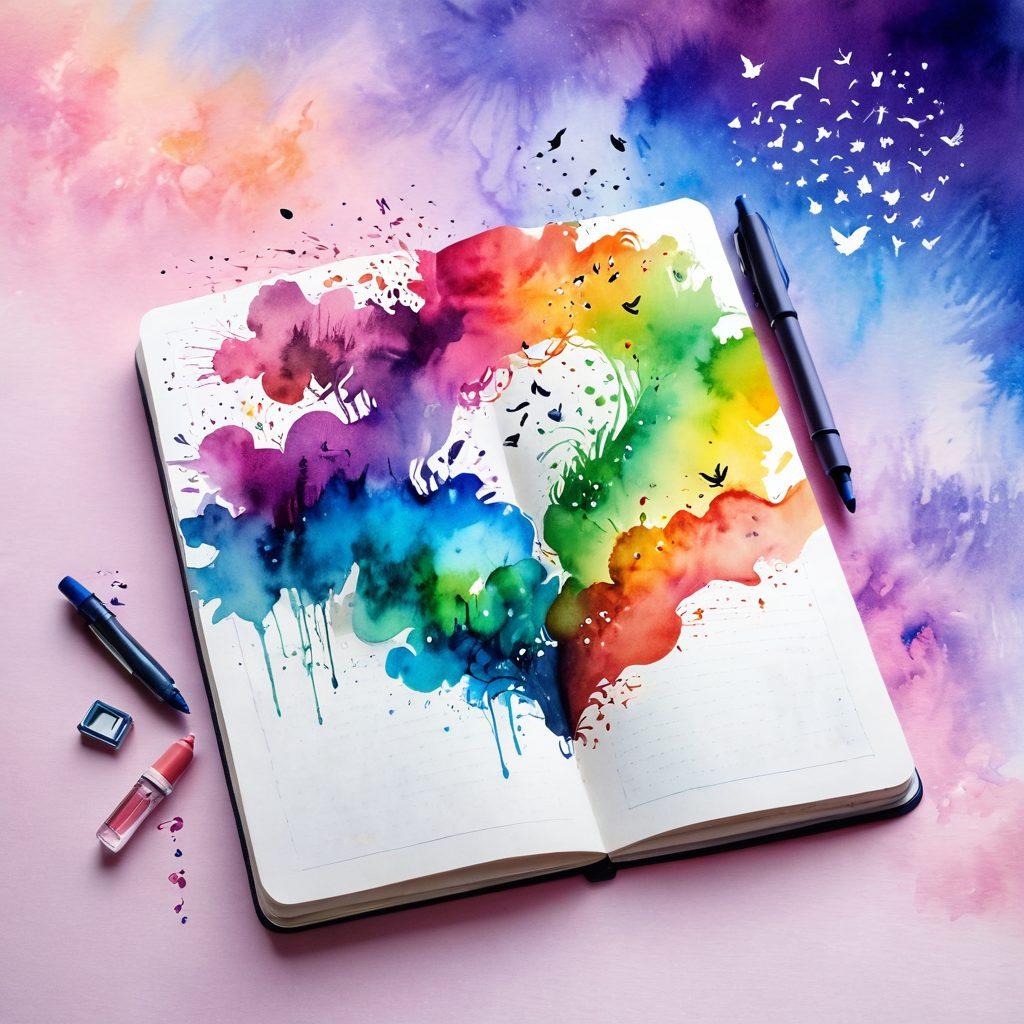 A whimsical open notebook with colorful pages fluttering in the breeze, vibrant ink splashes around it representing creativity. In the background, a digital landscape filled with social media icons and engaging visuals symbolizes storytelling and connection. Soft light illuminating the scene, inviting readers to explore their creative potential. watercolor style. vibrant colors. ethereal atmosphere.