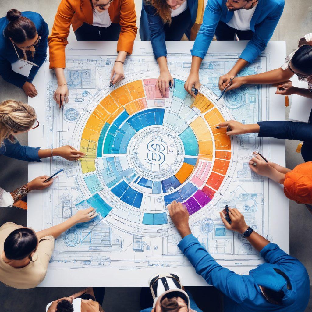 A vibrant scene depicting a diverse group of bloggers engaging in a lively discussion around a large blueprint symbolizing a brand's growth. Show elements like money symbols, social media icons, and growth charts around them. The atmosphere should feel collaborative and inspiring, showcasing creativity and community. super-realistic. vibrant colors. painting.